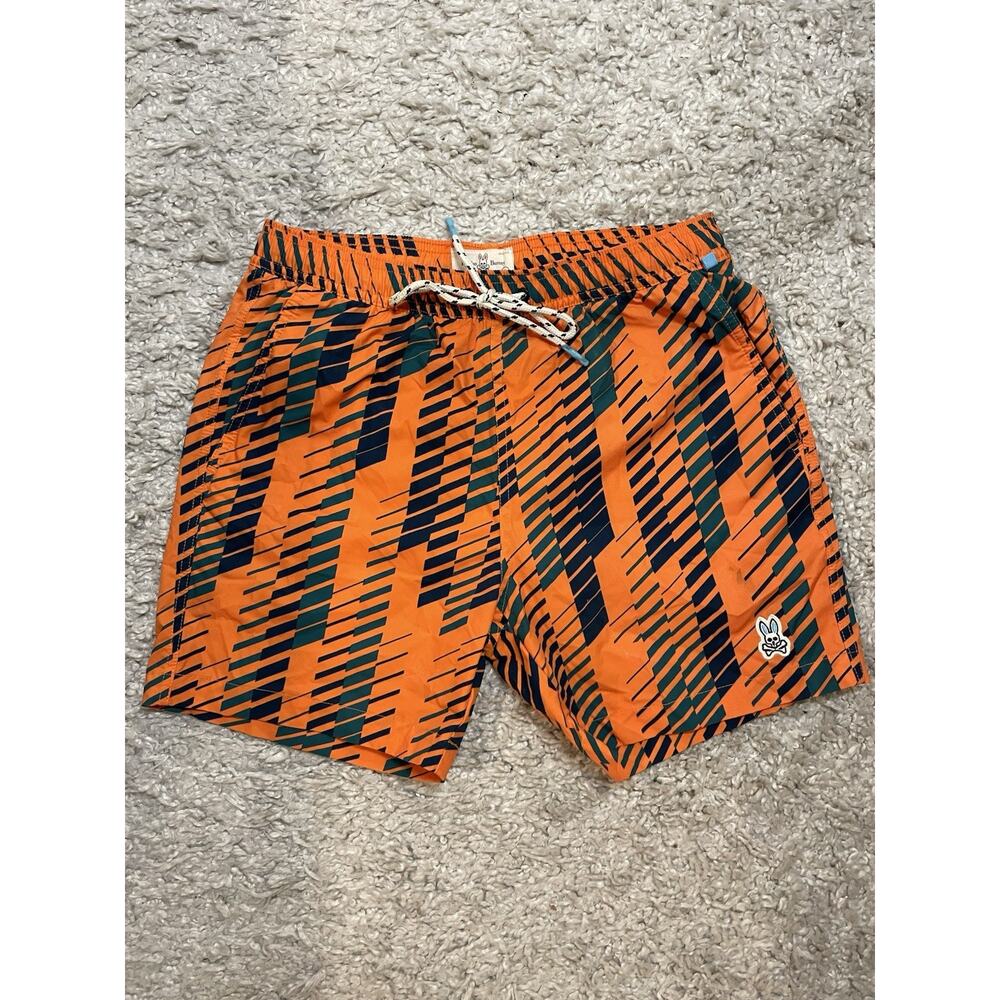 Psycho Bunny Men's Size S Orange/Navy Geometric Print Swim Trunks Dockray